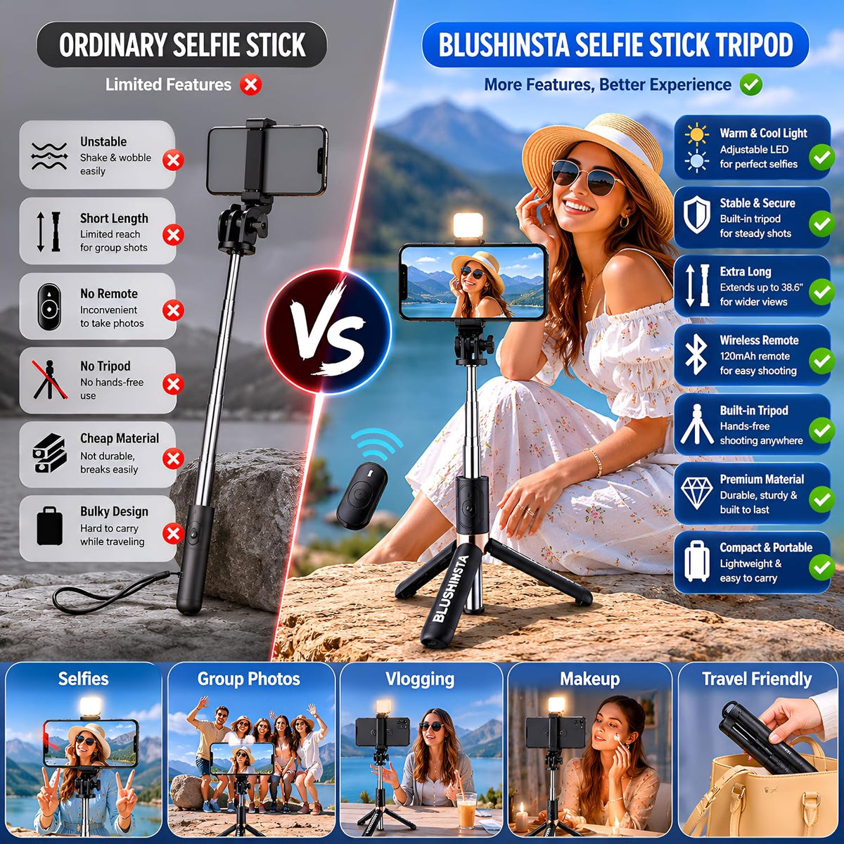 3-in-1 Smart Vlogging Tripod Selfie Stick with Bluetooth Remote & LED Fill Light