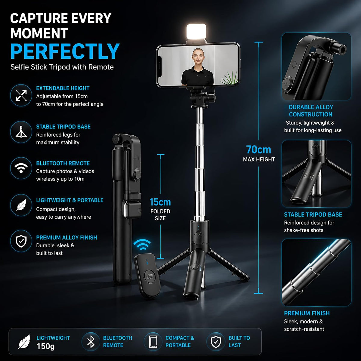 3-in-1 Smart Vlogging Tripod Selfie Stick with Bluetooth Remote & LED Fill Light